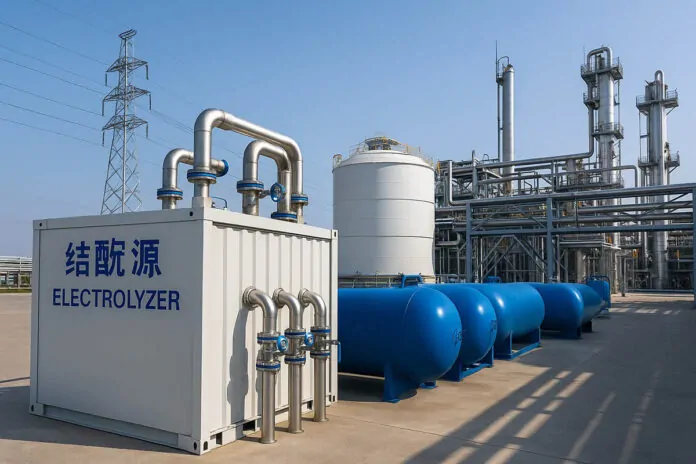 Électrolyseur industriel en Chine avec cuves de stockage d’hydrogène, sous un ciel dégagé, dans un complexe énergétique moderne.